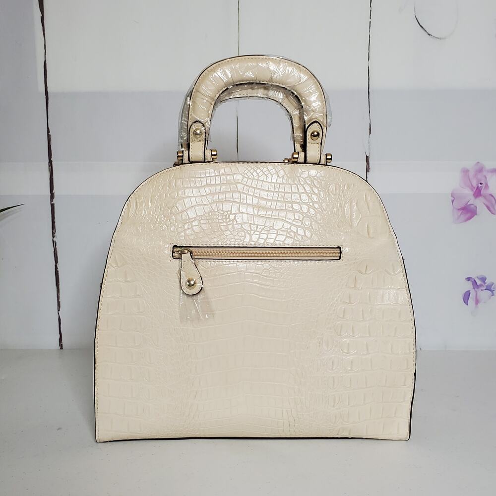 Isabelle Ivory Patent Vegan Leather Faux Croc Studded Dome Satchel - Picture 2 of 9